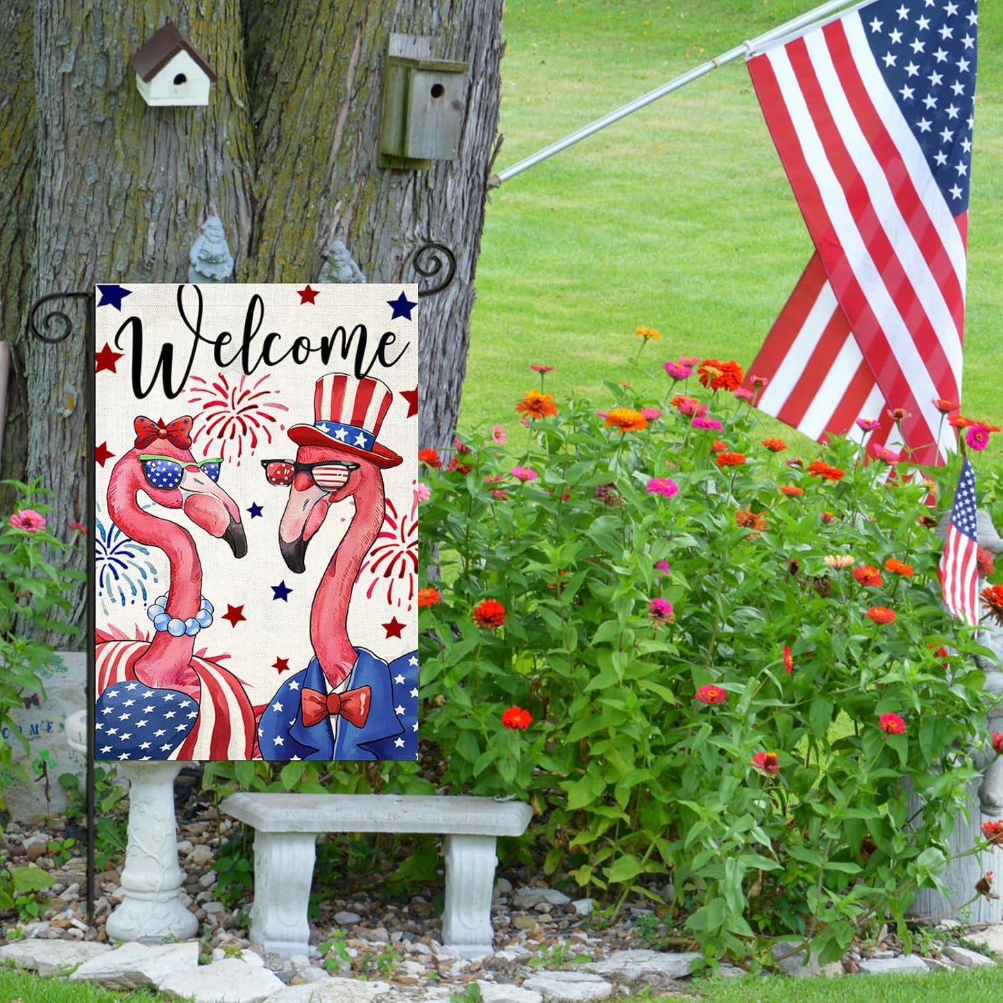 Patriotic 4th of July Garden Flag, Patriotic Flamingo Yard Decoration, Small Seasonal Outdoor Decor