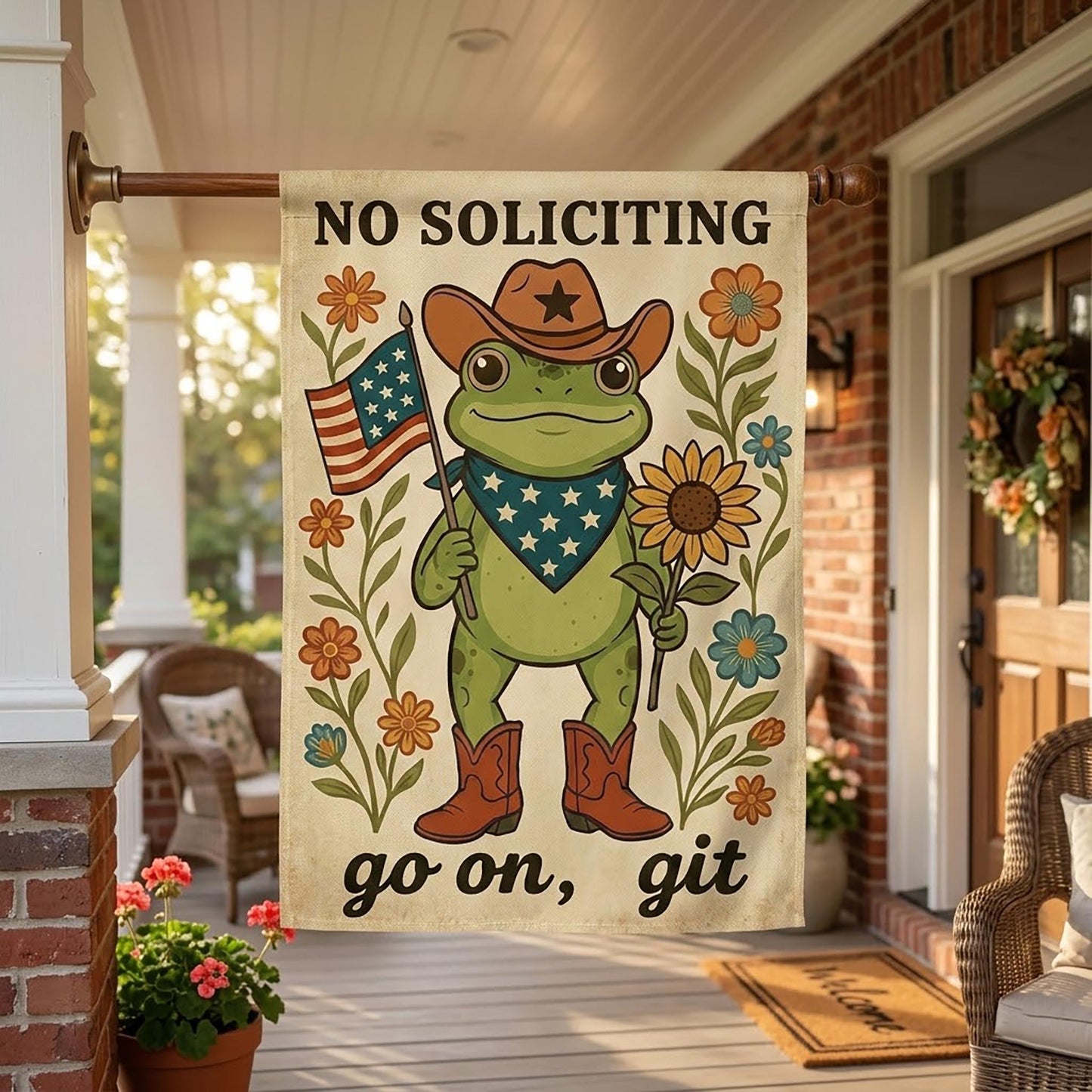 Funny No Soliciting Garden Flag, Cowboy Frog Go On Git Yard, Cowboy Frog Yard Sign, Funny Porch Decor, Made in USA Outdoor Banner