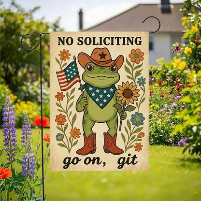 Funny No Soliciting Garden Flag, Cowboy Frog Go On Git Yard, Cowboy Frog Yard Sign, Funny Porch Decor, Made in USA Outdoor Banner