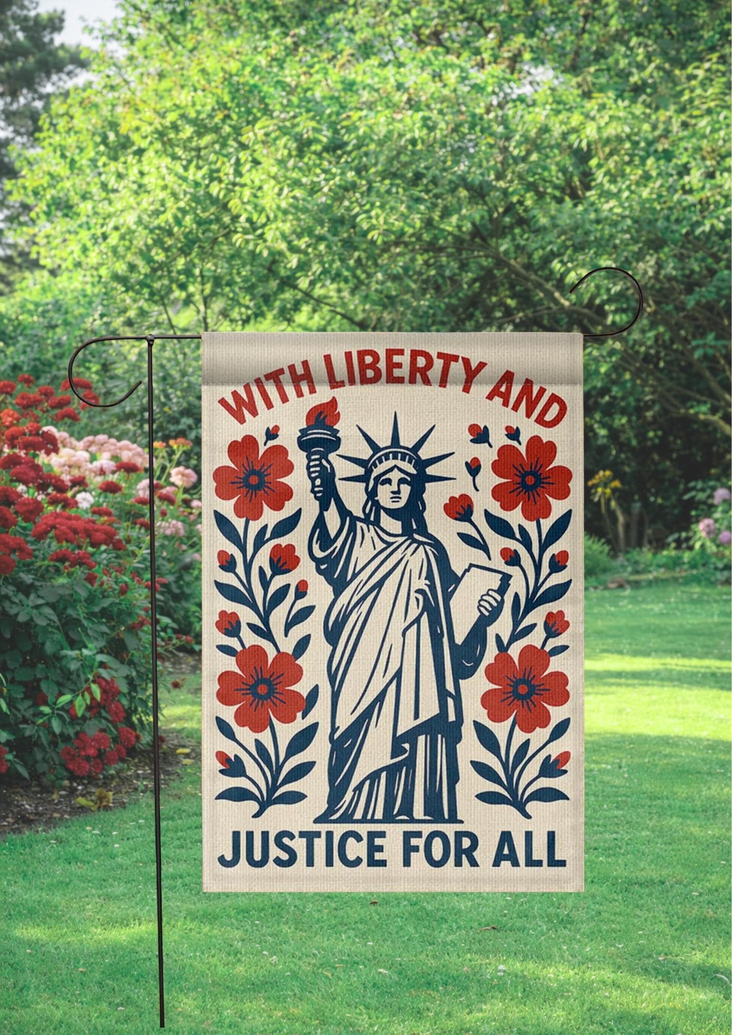 Patriotic Liberty And Justice For All Garden Flag, Statue Of Liberty Outdoor Decor, American Yard Banner