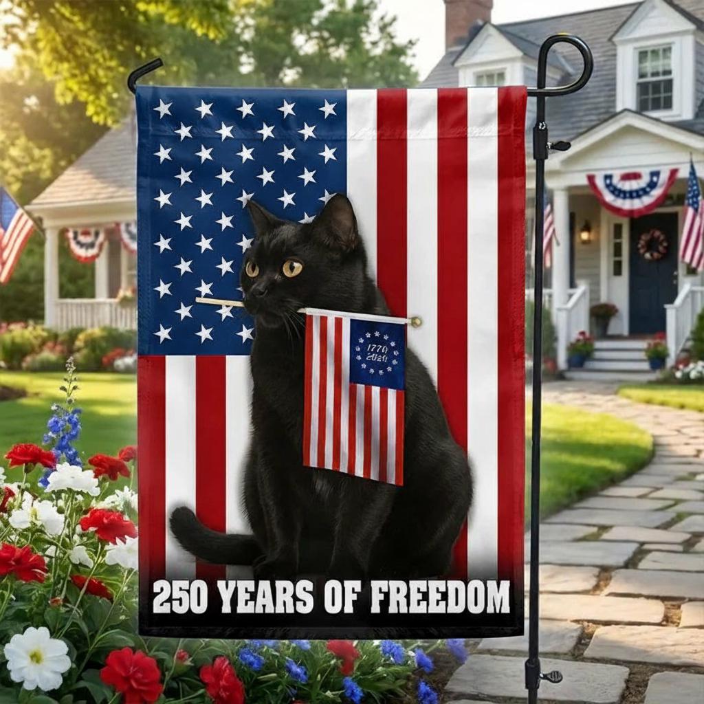 Patriotic Black Cat Garden Flag, 250 Years of Freedom, 250th Birthday Of America House Flag, 250 Years American Garden Flag