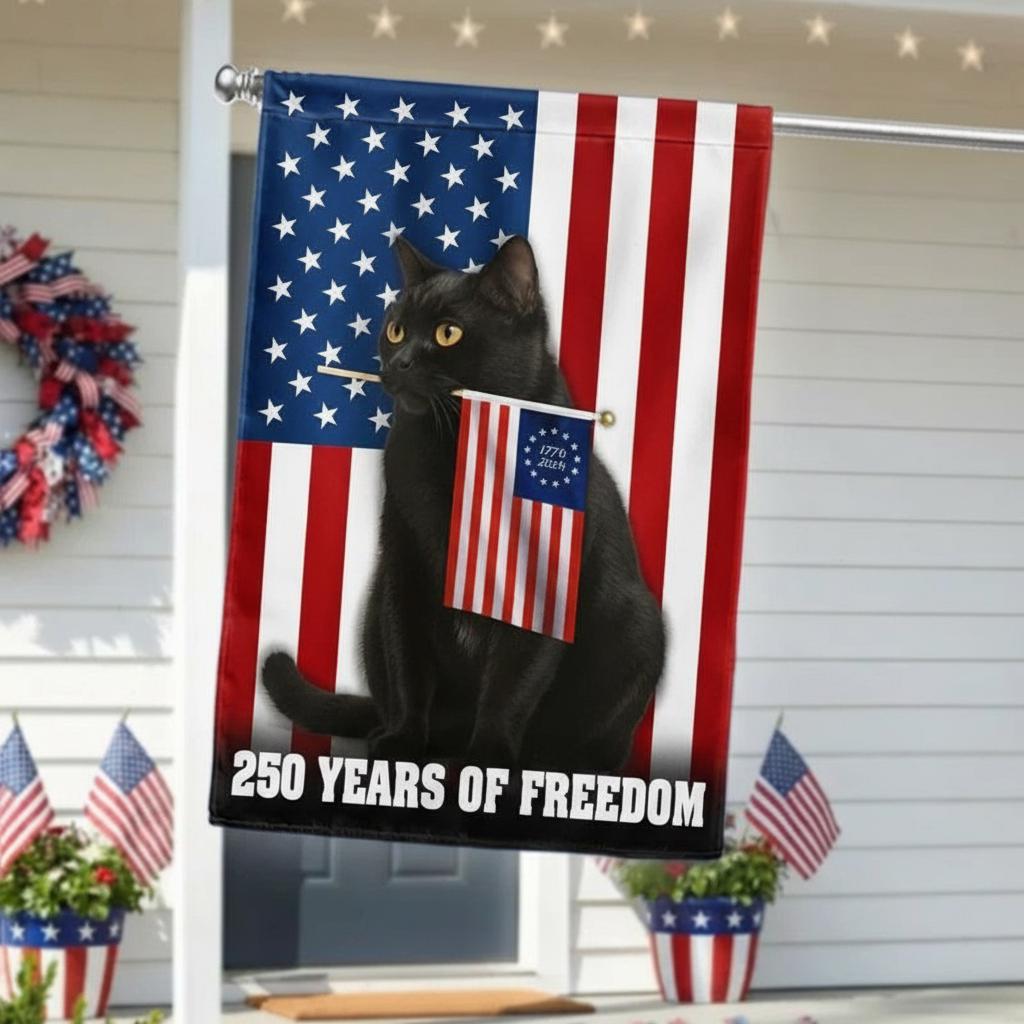 Patriotic Black Cat Garden Flag, 250 Years of Freedom, 250th Birthday Of America House Flag, 250 Years American Garden Flag