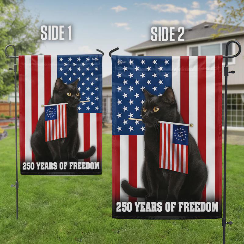 Patriotic Black Cat Garden Flag, 250 Years of Freedom, 250th Birthday Of America House Flag, 250 Years American Garden Flag