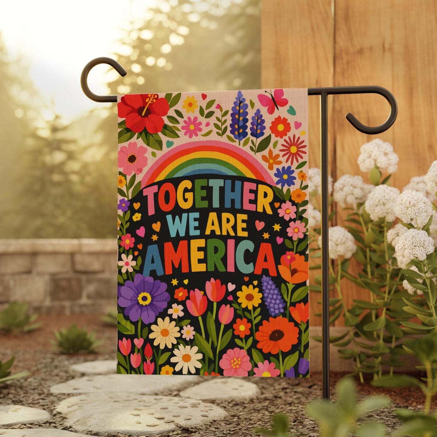 Together We Are America Garden Flag, Love Powerful Floral, Patriotic Rainbow Outdoor Decor