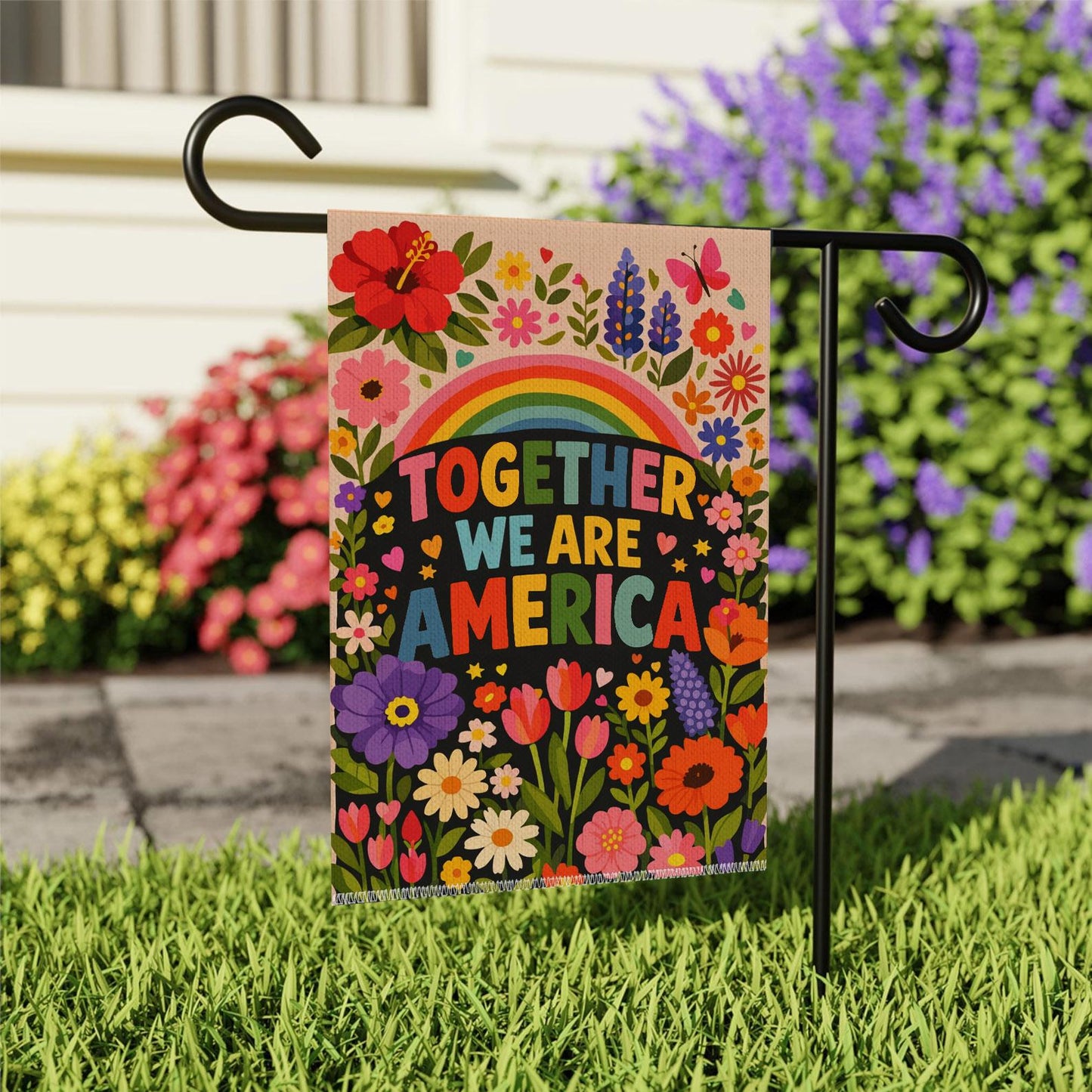 Together We Are America Garden Flag, Love Powerful Floral, Patriotic Rainbow Outdoor Decor