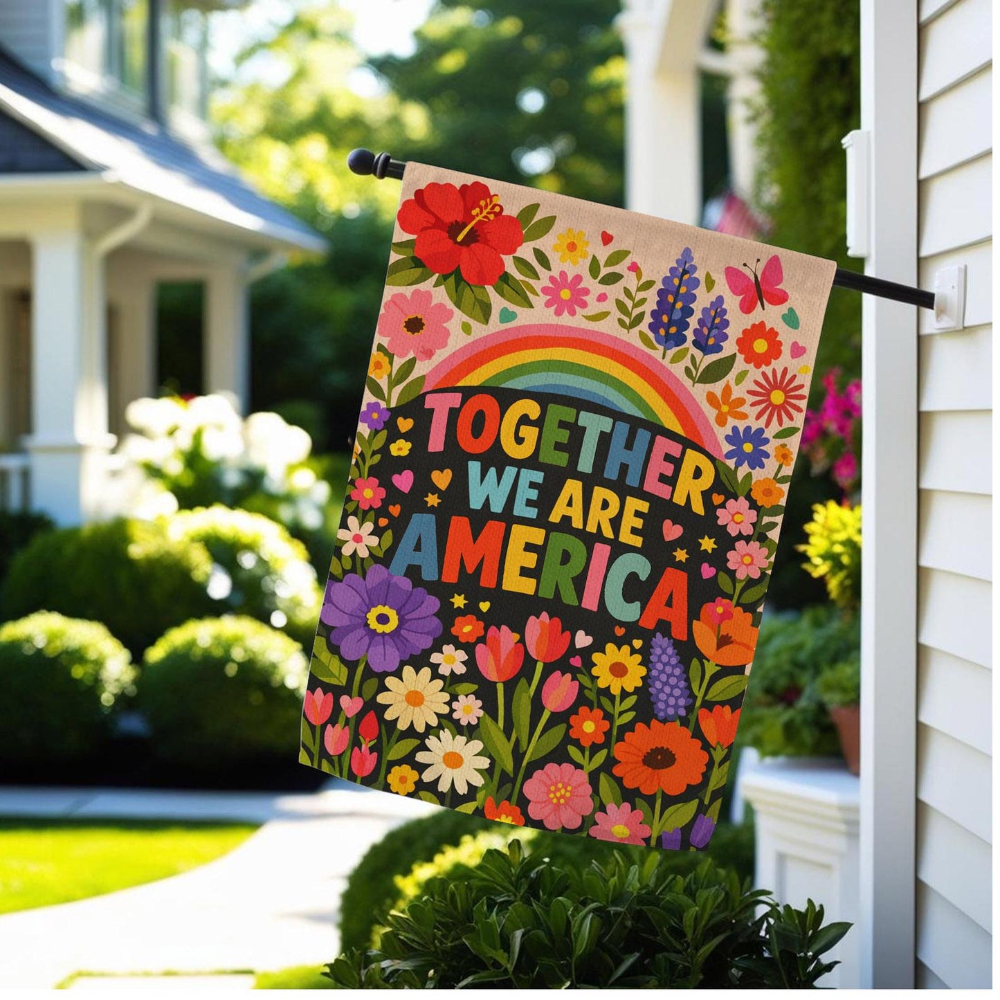 Together We Are America Garden Flag, Love Powerful Floral, Patriotic Rainbow Outdoor Decor